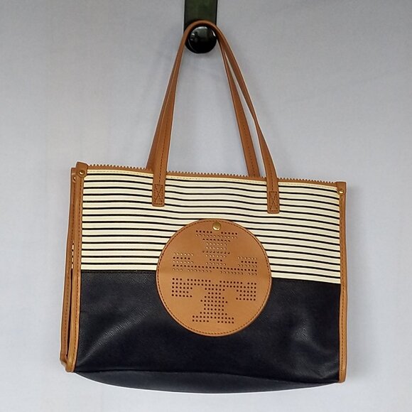 Tory Burch Ella Tote Bag Purse Navy White Tan Striped Pebble Leather LOGO
